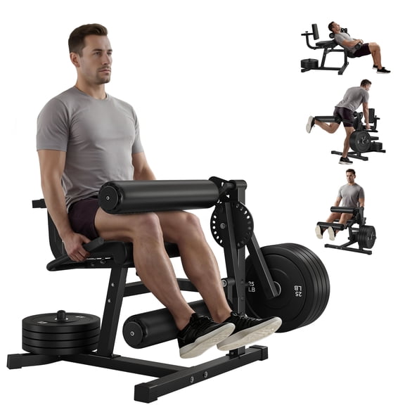 4 in 1 Leg Extension Leg Curl Machine, Plate Loaded Adjustable Lower Body Workout Machine with Exercise Bench, Home Gym Weight Machine for Leg Strength Training