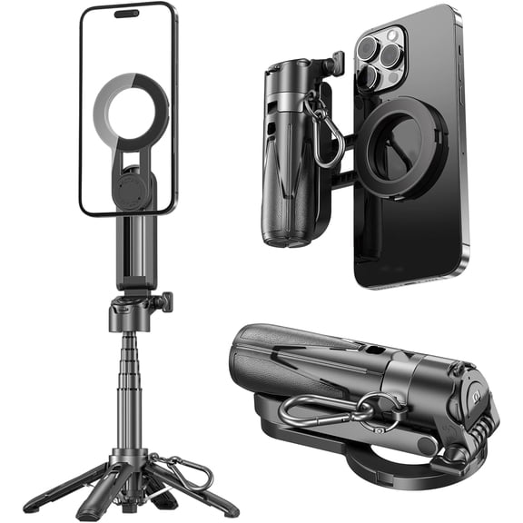 4 in 1 Magnetic Tripod Pocket Selfie Stick Extends to 1.5ft (47.5cm) Cell Phone Stand Portable Camera Grip Handle with Wireless Detachable Remote Control for Photograph/Live Streaming/Video