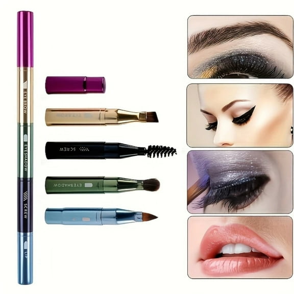 4 in 1 Makeup Brush Set, Portable Travel Size Make Up Brushes - Detachable Eyeshadow, Eyebrow, Screw, Lip Brush for Foundation, Concealer, Powder Liquid (Multicolor)