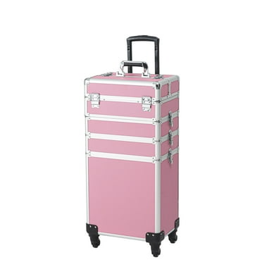 4 in 1 Makeup Rolling Train Case, Professional Cosmetic Trolley Cart Makeup Case with Wheels, Aluminum Makeup Travel Case with Detachable Compartments for Makeup Artist Nail Technician, Pink