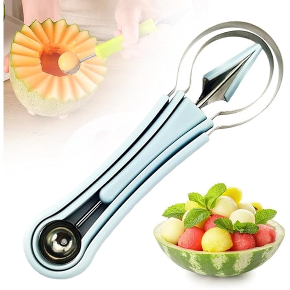 4 in 1 Melon Baller Scoop Set Fruit Carving Tools, Stainless Steel Fruit Cutter and Scooper Fruit Carving Knife, Melon Scooper and Baller for Watermelon Cantaloupe Kiwi DIY Fruit Salad (Blue)