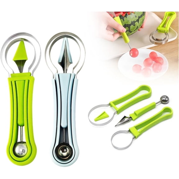 4 in 1 Melon Baller Scoop Set Fruit Carving Tools, Stainless Steel Fruit Cutter and Scooper Fruit Carving Knife, Melon Scooper and Baller for Watermelon Cantaloupe Kiwi DIY Fruit Salad