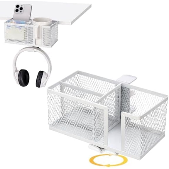 4 in 1 Metal Clip On Cup Holder Attachment for Gaming Desk or Table, Sturdy and Easy to Clamp, Attachable Anti-Spill Cup Holder for Salon Chair, Bedside, Water Bottles, Drinks, Headphones - White