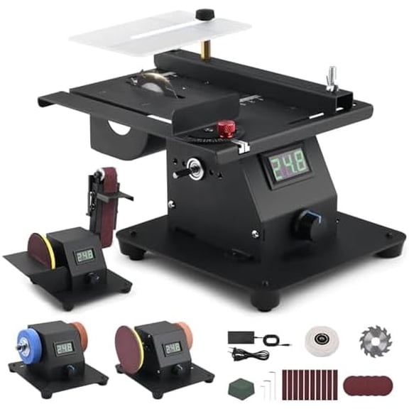 4-1 Mini Multi-functional Table Saw with Voltage LED Display and 7 Speed Adjustable, Mini Table Saw for Crafts with 10 Sanding Belts, 90 Adjustable Belt Sander, Dual Bench Grinder$$
