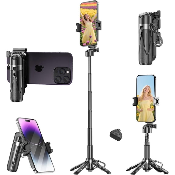 4 in 1 Mini Selfie Stick for iPhone, Portable Compact Pocket Selfie Stick Tripod with Bluetooth Remote, 360 Rotation Small Tiny Selfie Stick for Commuting Travel Vlogging
