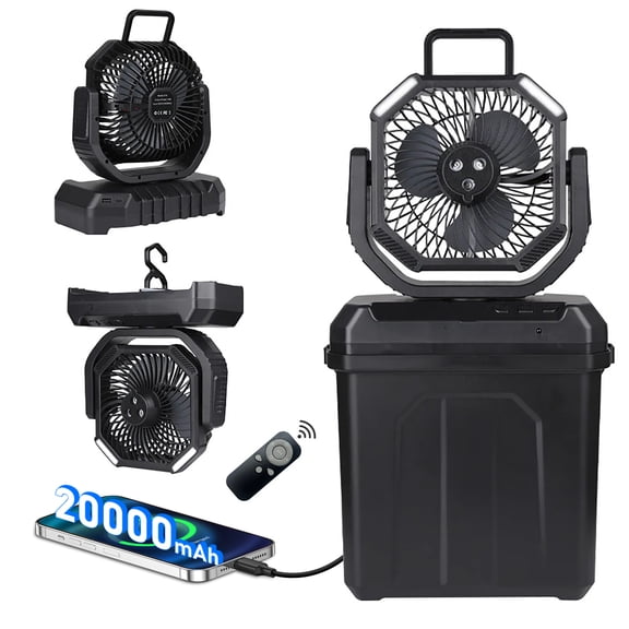 4 in 1 Misting Camping Fan Portable for Outside with 6L Bucket, Remote Control, 2 LED Light, Stepless Speed Control, Cooling Spray, 20000mAh Rechargeable, Timer Function, Rotating Hanging Hook