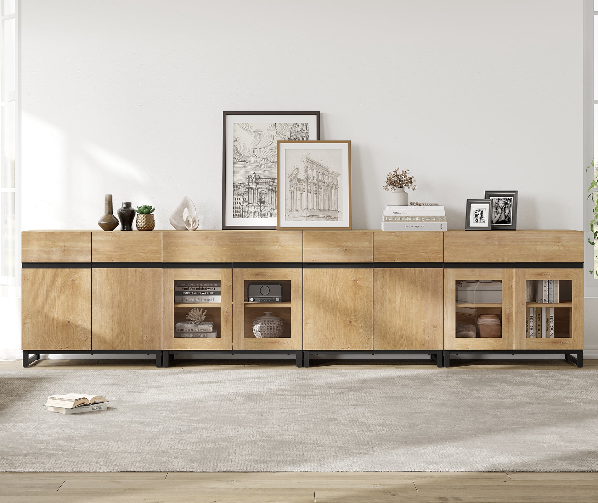 4 In 1 Modern Dresser with Glass Doors and 2 Drawers, Adjustable Shelf and Metal Base, Multifunctional Storage Chest, Closet Organizer Cabinet for Bedroom,Oak