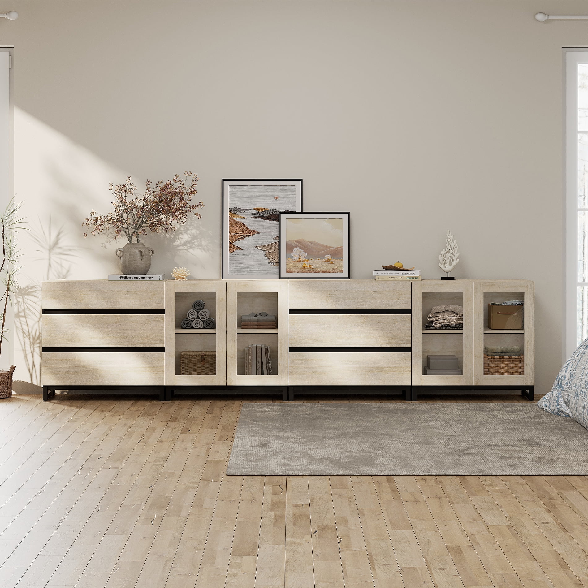 4 In 1 Modern Dresser with Glass Doors & 6 Drawers, Chest of Drawers with Adjustable Shelves, Multi-purpose Bedroom Closet Organizer Storage Cabinet,Beige