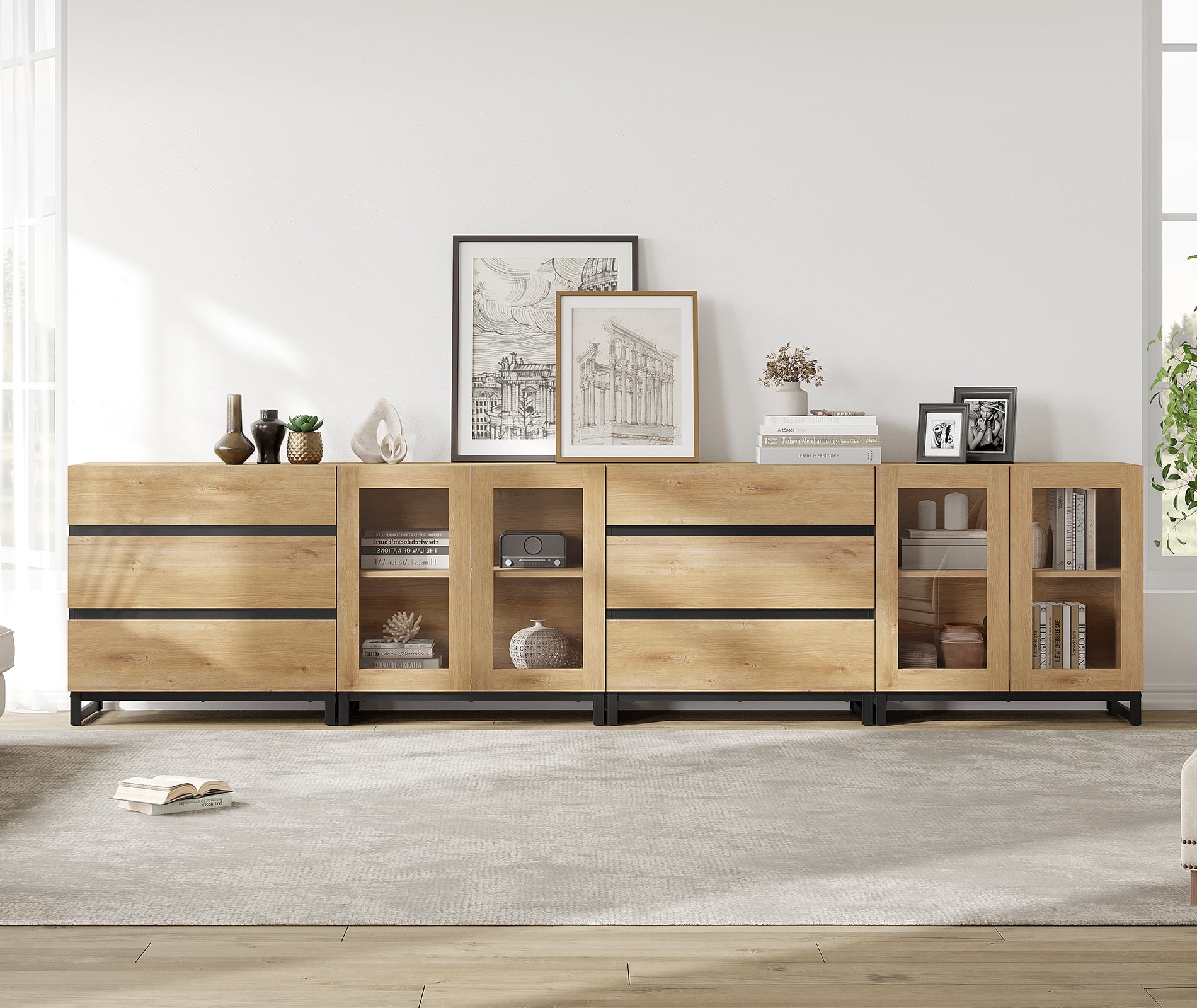 4 In 1 Modern Dresser with Glass Doors & 6 Drawers, Chest of Drawers with Adjustable Shelves, Multi-purpose Bedroom Closet Organizer Storage Cabinet,Oak