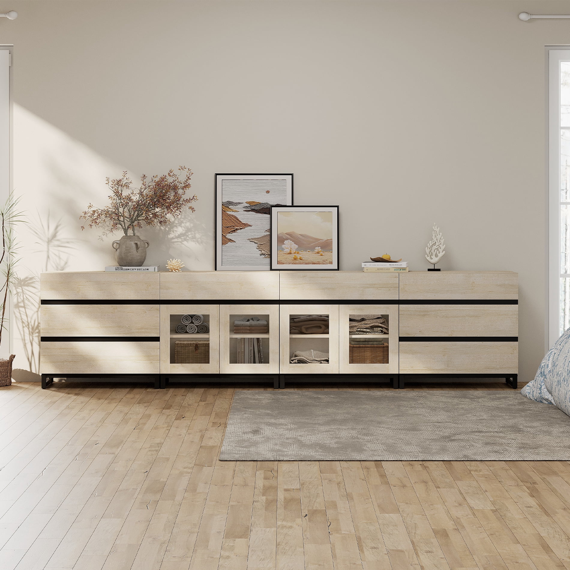 4 In 1 Modern Dresser with Glass Doors & 8 Drawers, Chest of Drawers with Adjustable Shelves, Multi-purpose Bedroom Closet Organizer Storage Cabinet,Beige