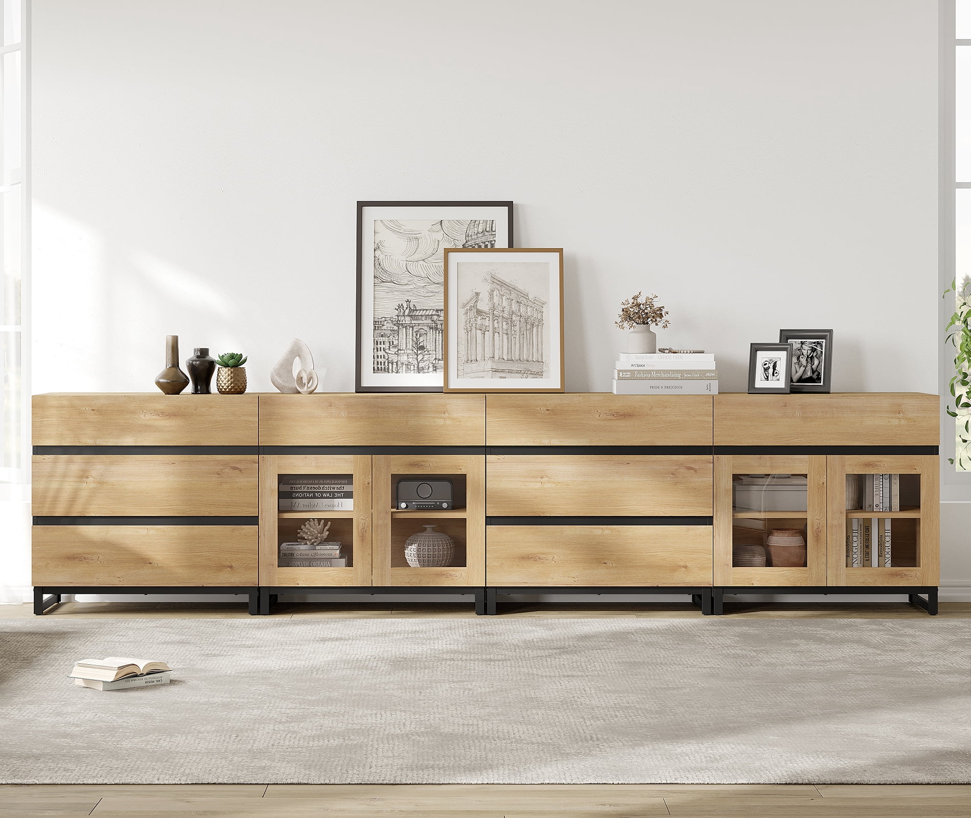 4 In 1 Modern Dresser with Glass Doors & 8 Drawers, Chest of Drawers with Adjustable Shelves, Multi-purpose Bedroom Closet Organizer Storage Cabinet,Oak