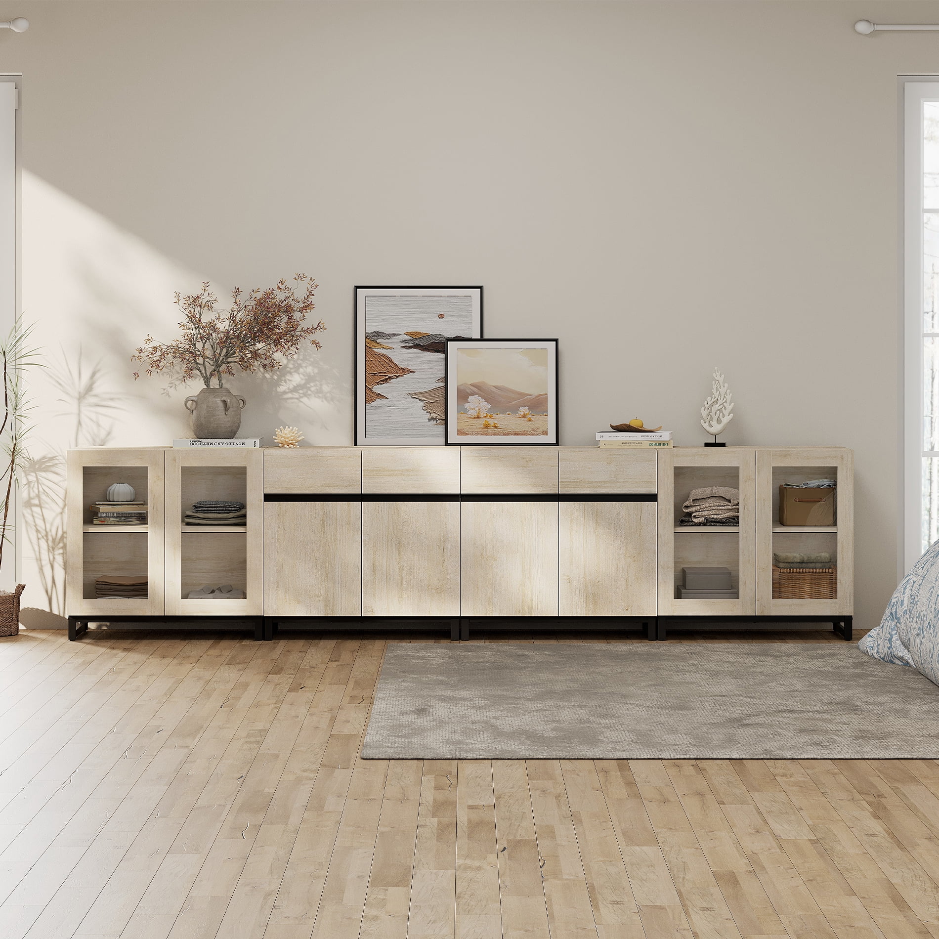 4 In 1 Modern Dresser with Glass Doors and Adjustable Shelves, Metal Base Storage Chest, Multifunctional Closet Organizer Storage Cabinet for Bedroom Home Use,Beige
