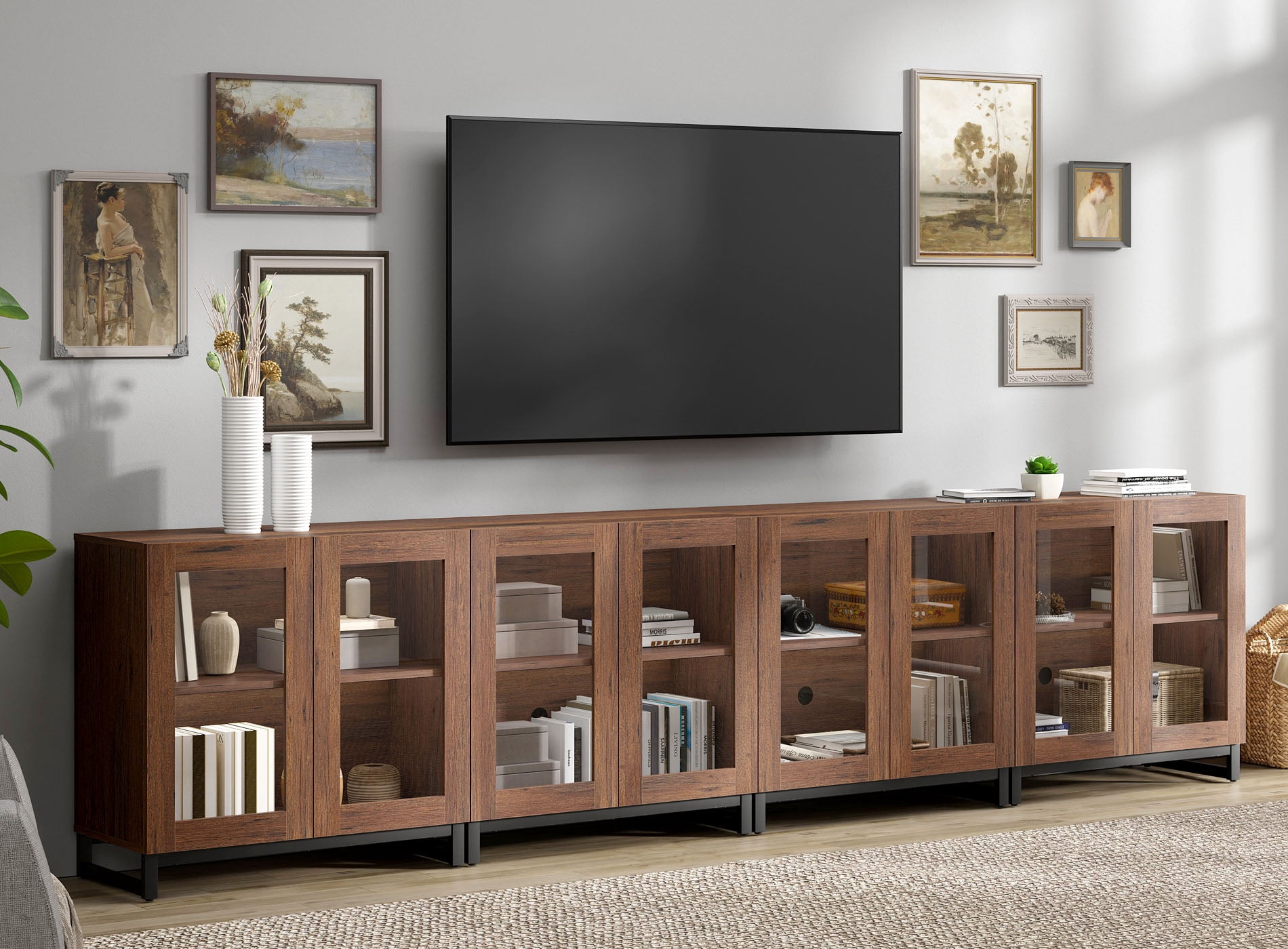 4 in 1 Modern TV Stand with Glass Doors, Entertainment Center Console with Adjustable Shelves and Sturdy Metal Base, Combination Media Furniture for 120 Inch TVs, for Living Room,Brown