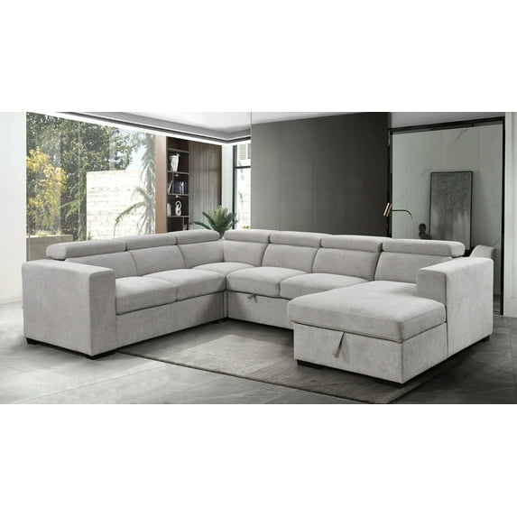 4 in 1 Modern U-Shaped Upholstered Fabric Sofa with Adjustable Headrest, 7-seat Sectional Sofa Couch with Storage Chaise, 123"Convertible Pull Out Sofa Bed Filled High-Density Foam, Light Gray