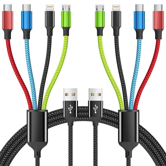 4 in 1 Multi Charging Cable [2Pack 5FT], Tangle Free USB C Car Charger Cable Nylon Braided with 2 USB-C/IP/Micro, Travel Charging Cords for iPhone Android iPad and More