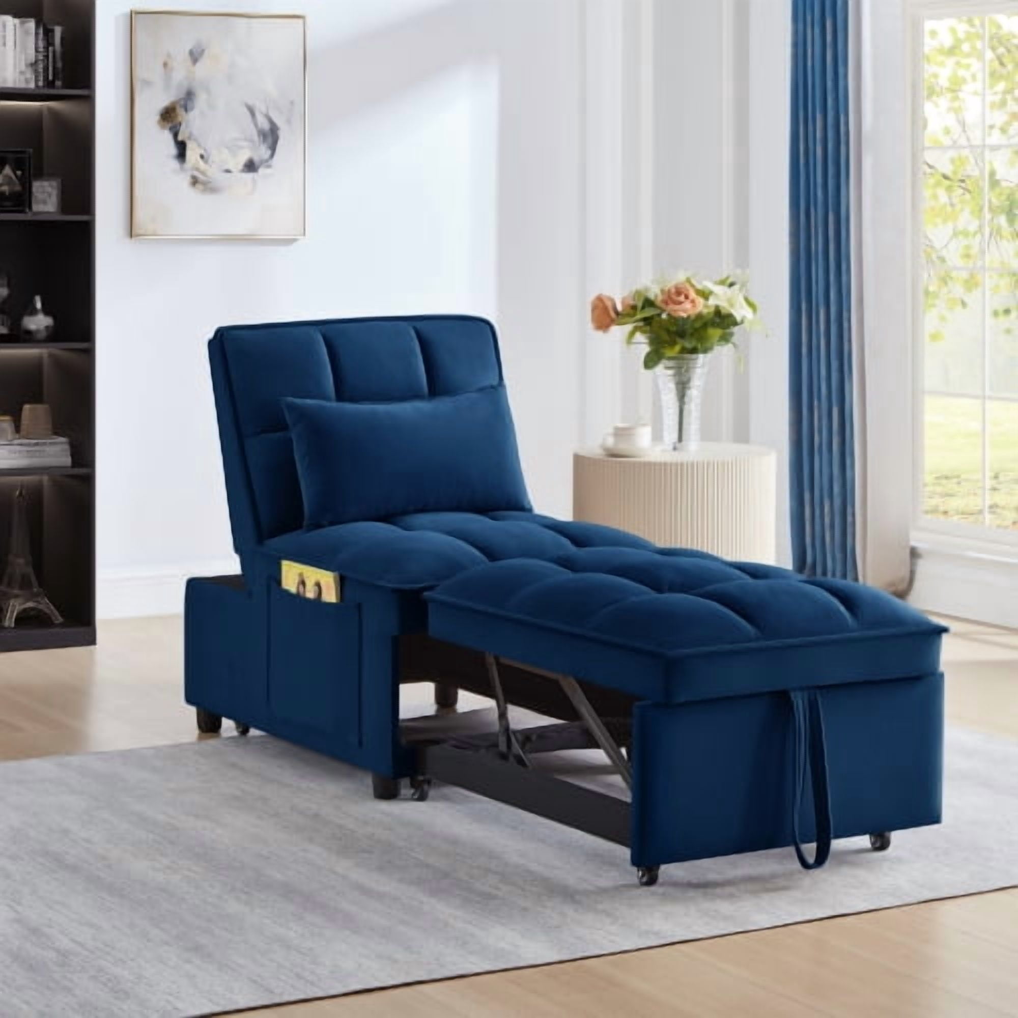 4-in-1 Navy Velvet Convertible Sofa Bed Chaise Lounge for Small Spaces ...