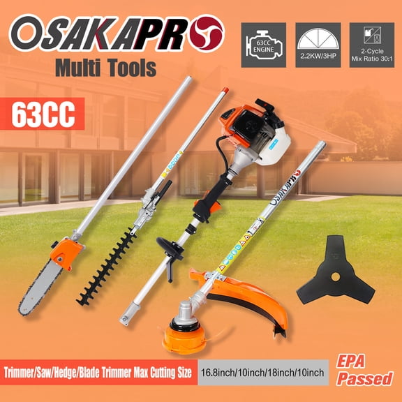 4 in 1 Multi-Functional Trimming Tool, 63CC 2-Cycle Garden Tool System with Gas Pole Saw, Hedge Trimmer, Grass Trimmer, and Brush Cutter EPA Compliant,