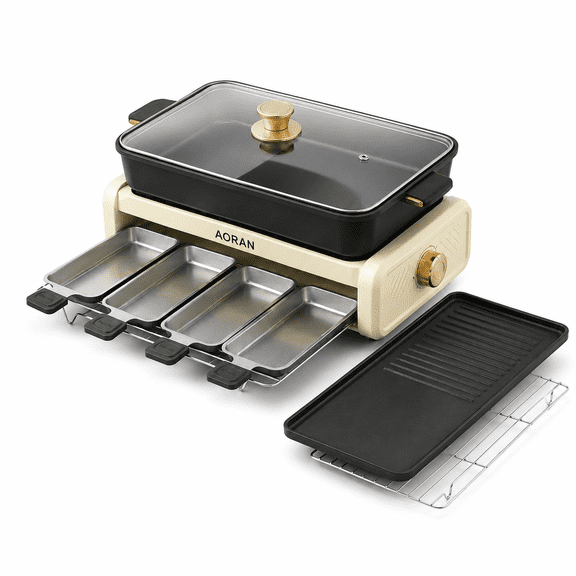 4 in 1 Multi-Purpose Electric Tabletop Grill & Hot Pot Station, AORAN Non-Stick Interchangeable Griddle & Grill Plates with 4 Raclette Pans, Dual Flavor Separate Hot Pot Indoor BBQ Cooker for Family