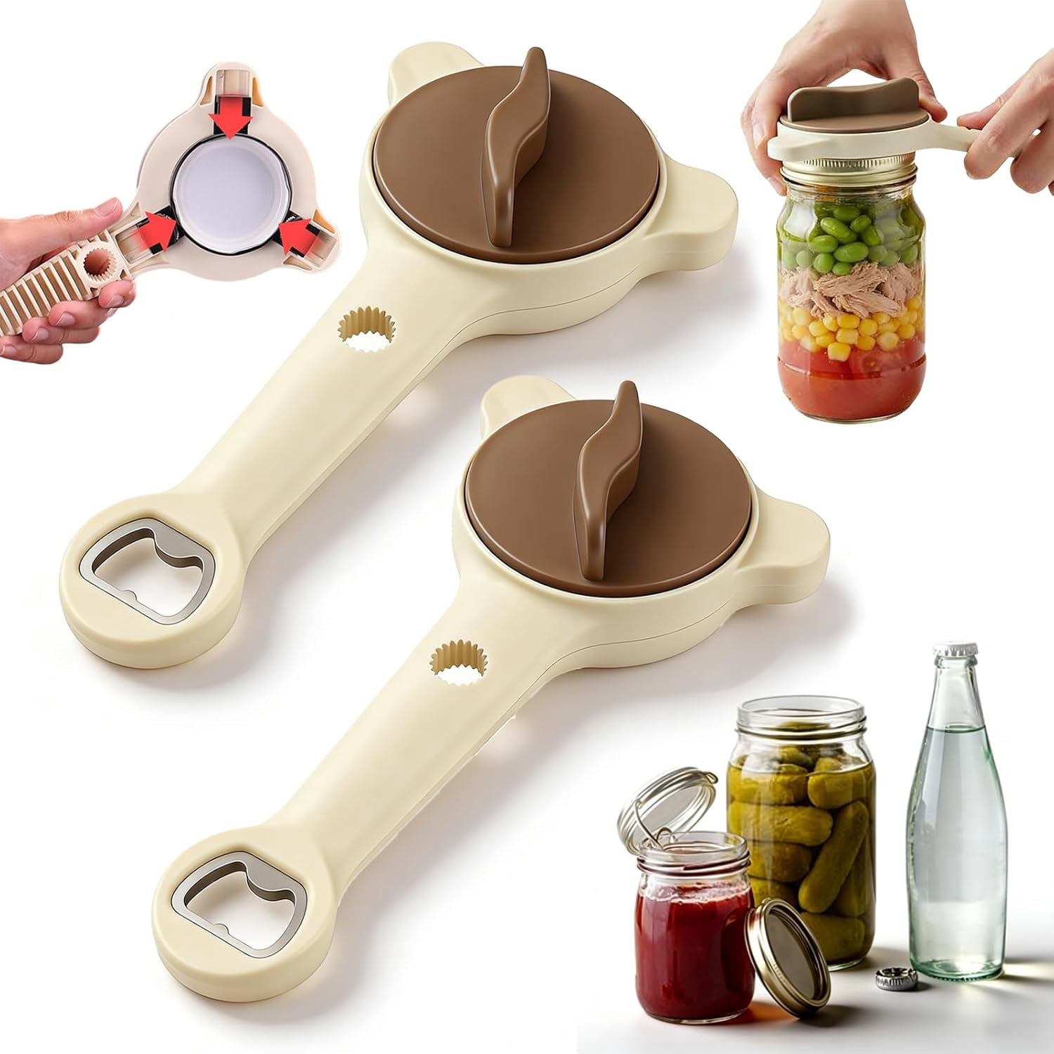 4 in 1 Multi-Purpose Jar Opener, Adjustable Stainless Steel jar Opener with Retractable Three Claw Grip, Manual Can & Bottle Opener Tool for Seniors and Weak Hands, Fits Jars Cans Wine Bottles (2PCS)