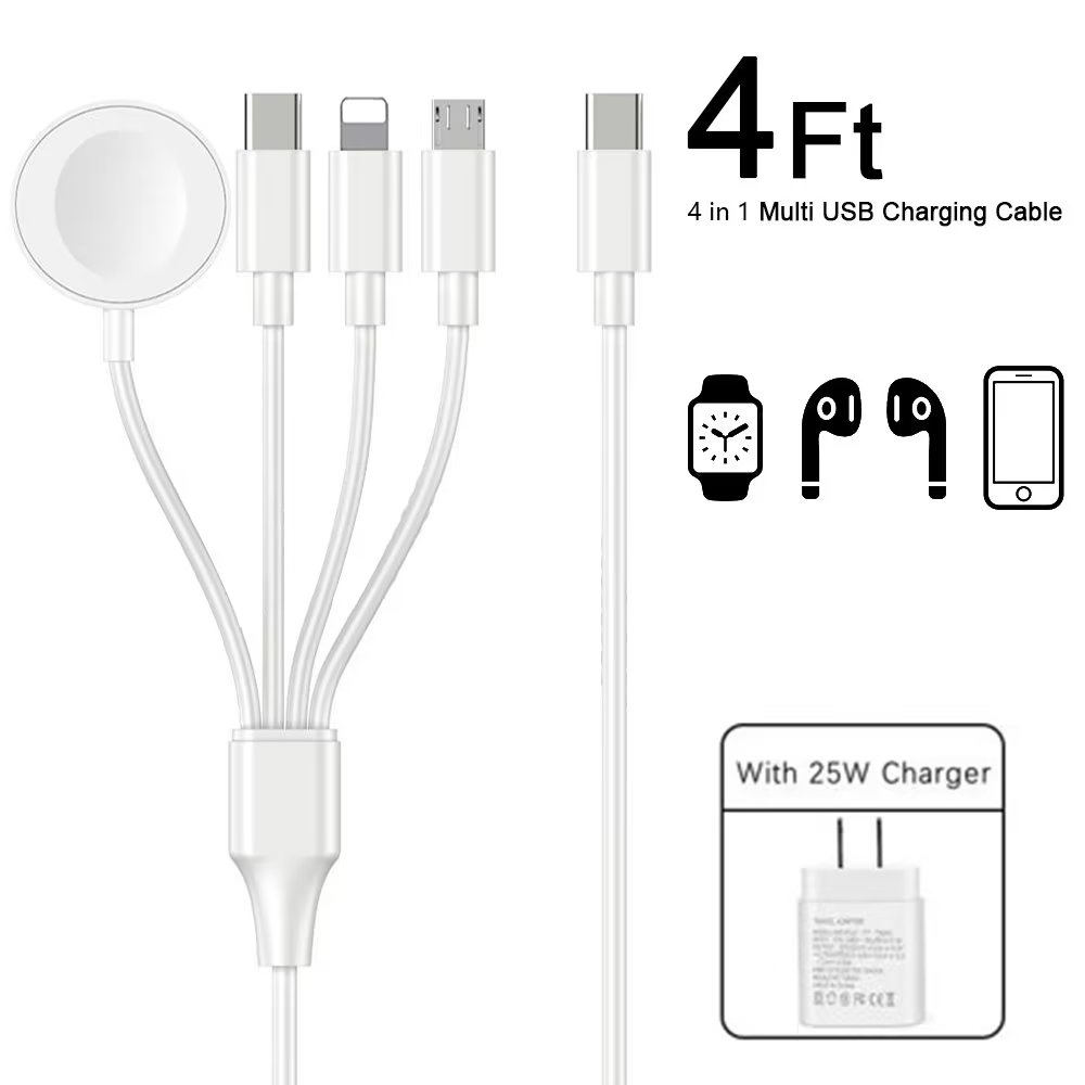 4 in 1 Multi USB Charging Cable, Portable Apple Watch Wireless Charger Cord with USB C Port and PD 25W Fast Charging Charger for Apple Watch Series SE/8/7/6/5/4/3/2/1, iPhone, Samsung, Pixel Etc