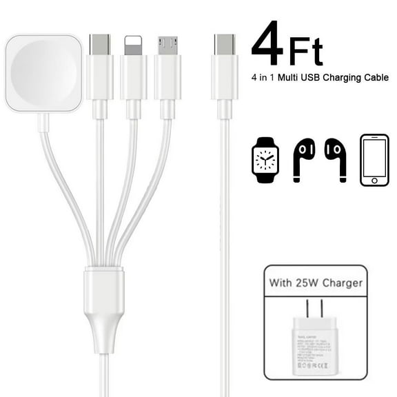 4 in 1 Multi USB Charging Cable, Portable Apple Watch Wireless Charger Cord with USB C Port and PD 25W Fast Charging Charger for Apple Watch Series SE/8/7/6/5/4/3/2/1, iPhone, Samsung, Pixel Etc