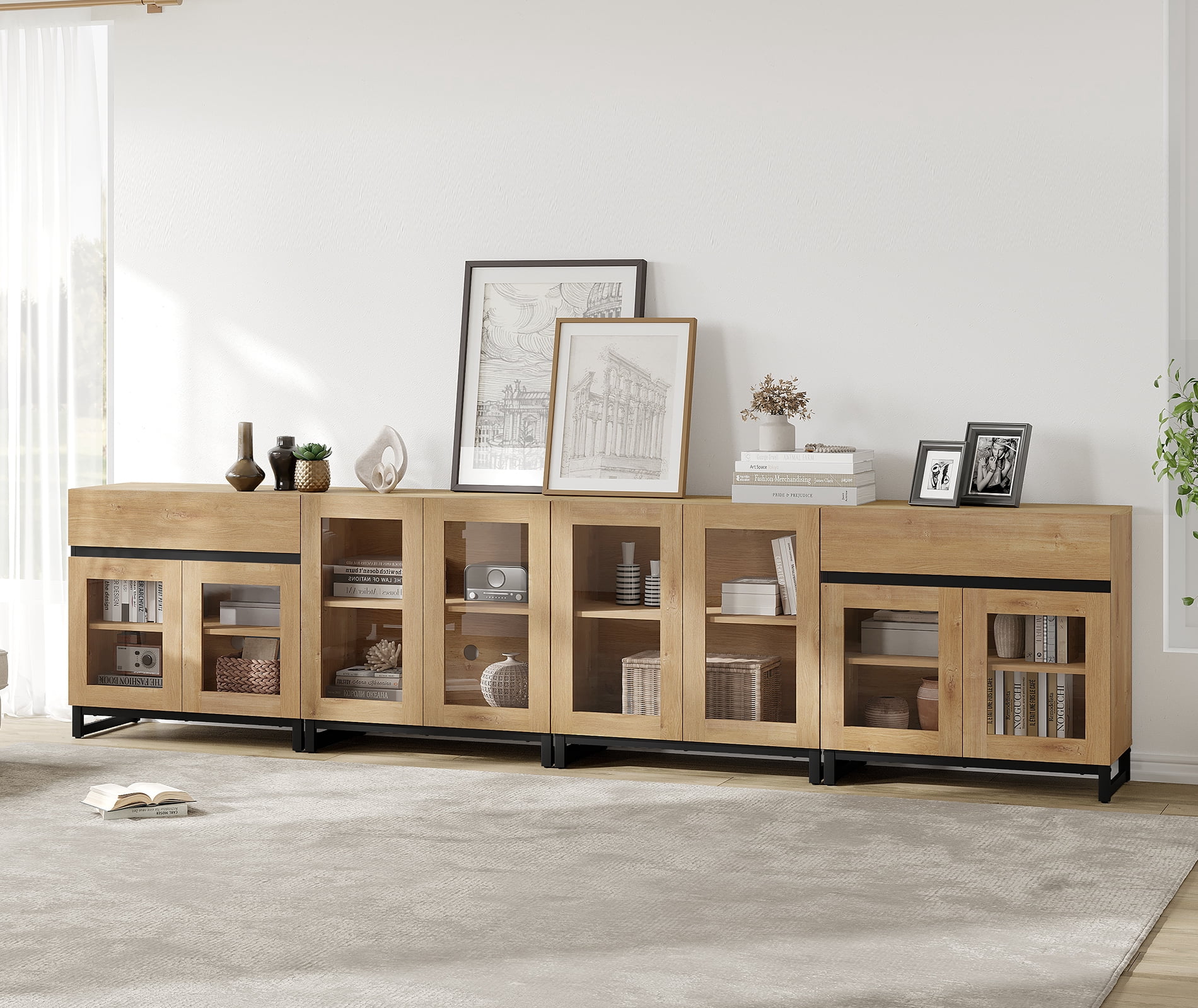 4 In 1 Multifunctional Dresser with Glass Doors & 2 Drawers, Modern Storage Chest with Adjustable Shelf, Closet Organizer Storage Cabinet for Bedroom Home Use,Oak