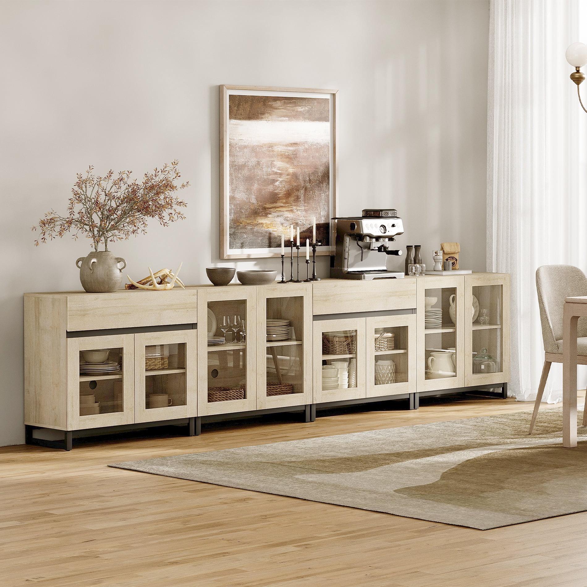 4 In 1 Multifunctional Sideboard Buffet Cabinets With Glass Doors And 2 Drawers, Modern Sideboard Credenza With Adjustable Shelf And Metal Base for Living Room, Kitchen,Beige
