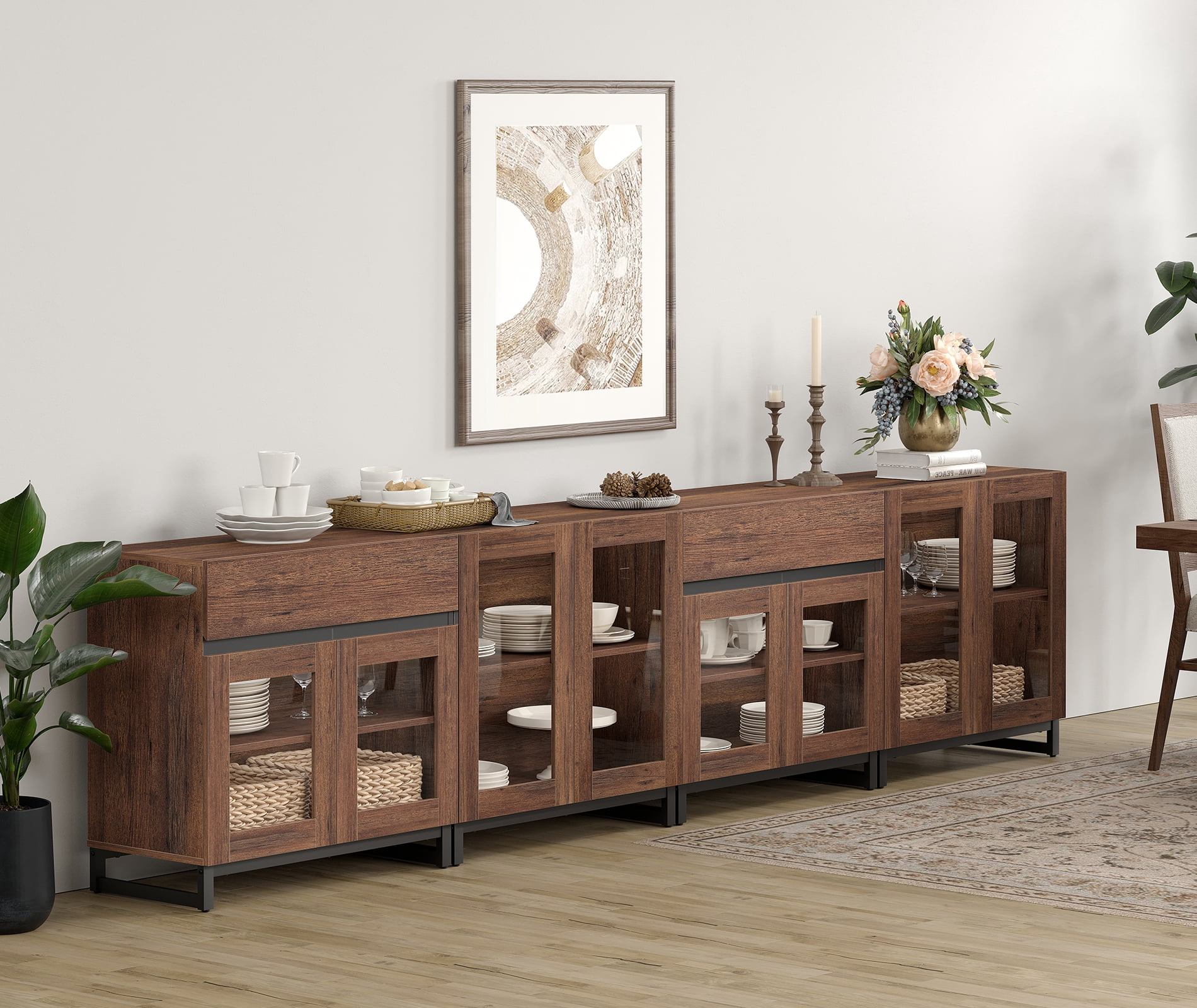 4 In 1 Multifunctional Sideboard Buffet Cabinets With Glass Doors And 2 Drawers, Modern Sideboard Credenza With Adjustable Shelf And Metal Base for Living Room, Kitchen,Brown