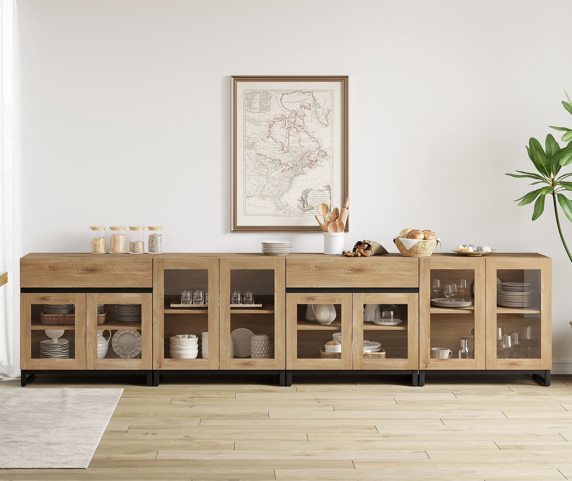 4 In 1 Multifunctional Sideboard Buffet Cabinets With Glass Doors And 2 Drawers, Modern Sideboard Credenza With Adjustable Shelf And Metal Base for Living Room, Kitchen,Oak