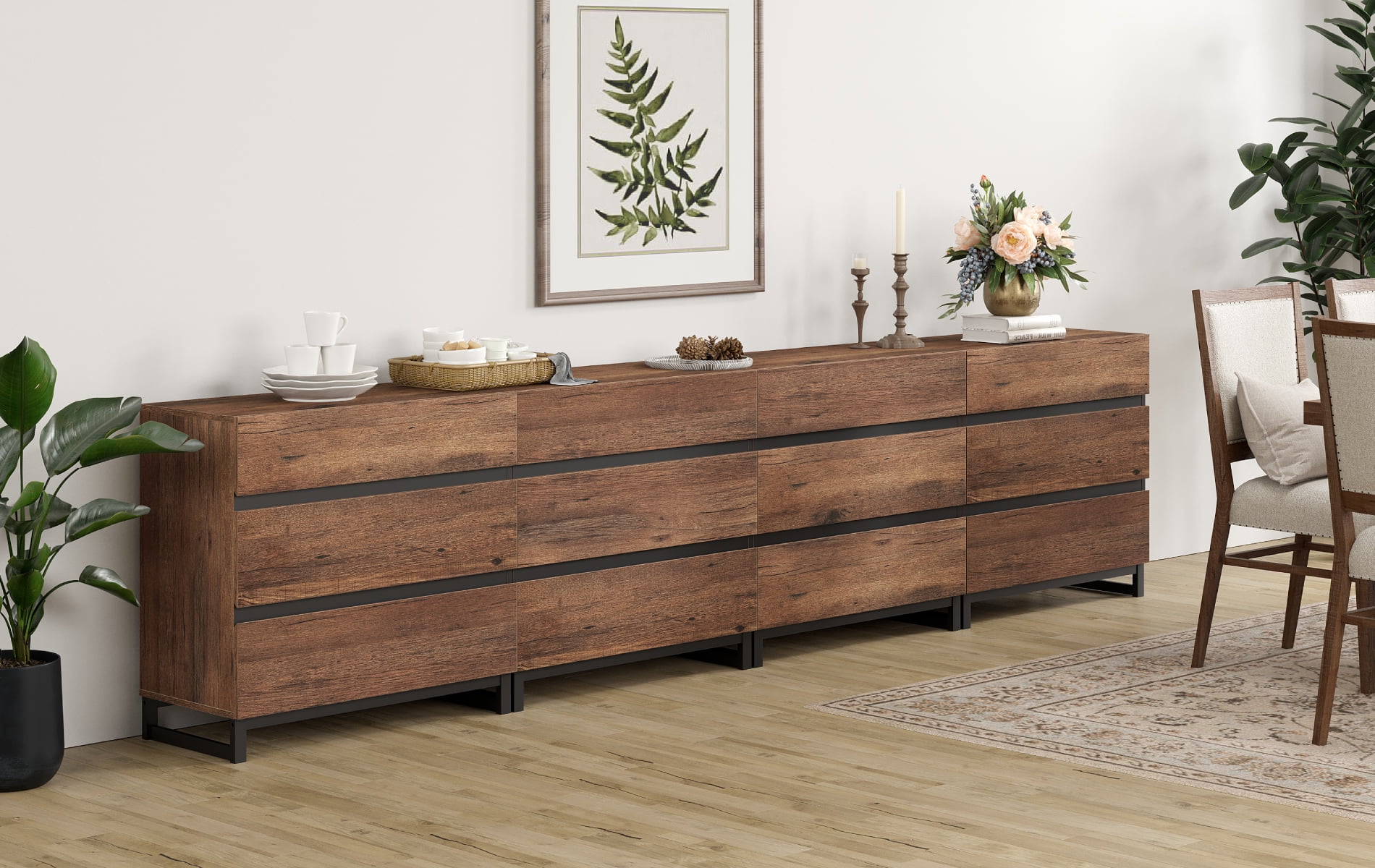 4 In 1 Multifunctional Sideboard Buffet Cabinets, Modern Sideboard With Adjustable Shelf And 12 Drawers, Coffee Bar Cabinet Storage Cabinet For Living Room, Kitchen,Brown