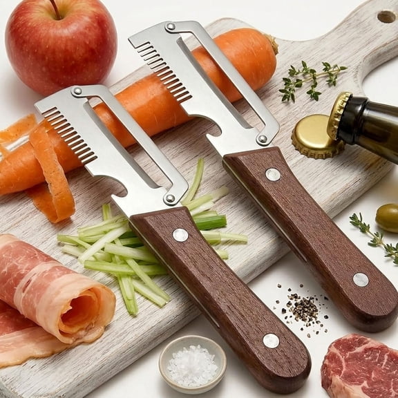 4 in 1 Multifunctional Vegetable Peeler with Wooden Handle Ultimate Kitchen Tool for Fruit Vegetables Meat Slicing Green Onion Shredding & Bottle Cap Opener (2 Pack)