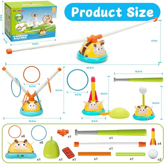 4 in 1 Outdoor Toy for Kids Ages 4-8, Jump Toy Toss Ring Baseball Game with Music, Outside Family Sports Games, Ideal Birthday, Xmas Gifts for Boys Girls Ages 3 4 5 6 7 8