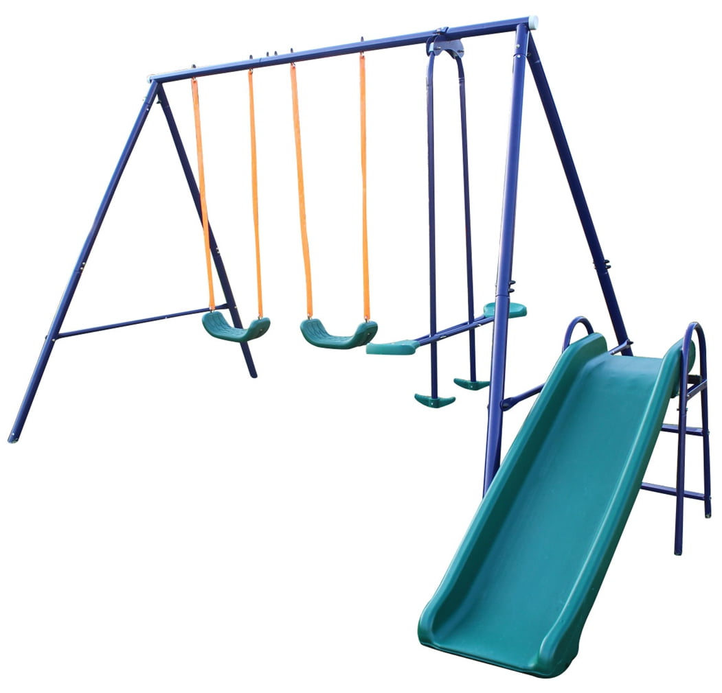 4 in 1 Outside Swing Set, Metal Swing Set with 2 Swing Chair, Slide and Glider, Outdoor Swing Frame, 4-5 Kids Swing Playset Set Outdoor Backyard Games