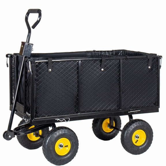 4 in 1 Oversized Steel Dump Garden Cart 880 LBS Capacity All Terrain Utility Cart with Removable Liner Side Panels and Mesh Tray for Outdoor Lawn Patio Landscaping Black