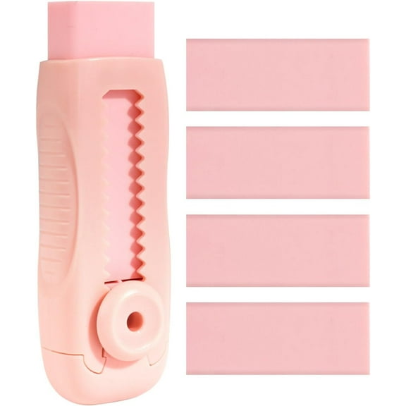 4+1 Pack Retractable Pink Erasers, Sliding Pencil Eraser with 4 Refills, PVC Clean Removal Tool for Office, Home, Study Use