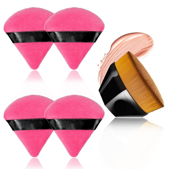 4+1 Pieces Triangle Soft Velour Powder Puff Face Makeup Puffs with Kabuki Foundation Brush.for Loose Powder Body Powder Contouring, Under Eyes and Corners, Beauty Makeup Tools(Rose Red)
