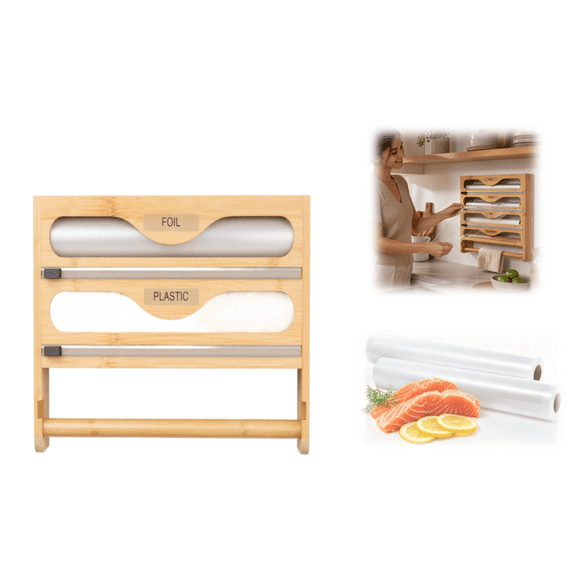 4 in 1 Plastic Wrap Dispenser with Cutter,Wooden Aluminum Foil Organizer | Magnetic Holder with Kitchen Towel Holder, Wall Mount Kitchen Wrap Dispenser for Pantry and Kitchen Cabinet