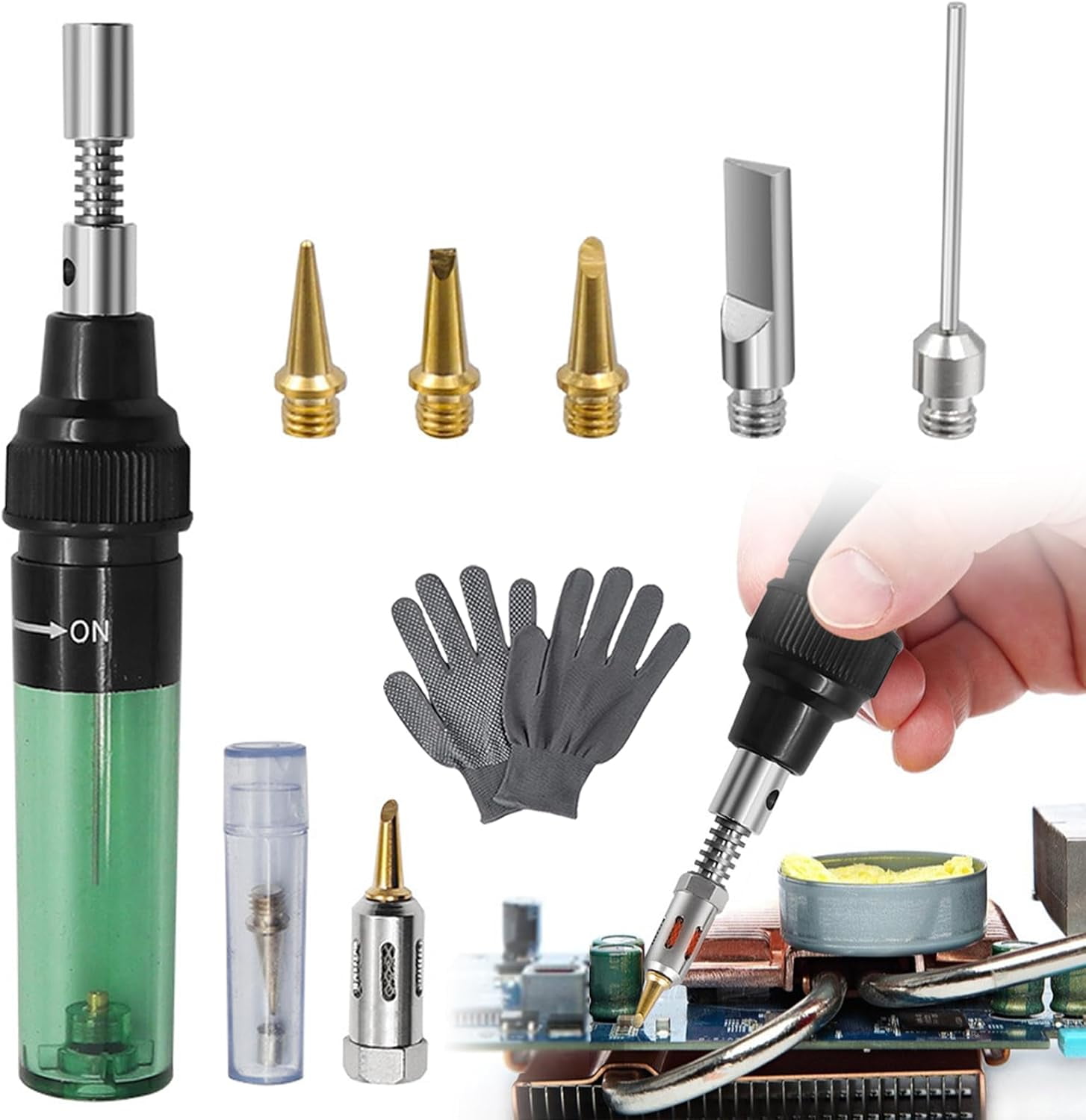 4 in 1 Portable Soldering Iron Kit, Cordless Adjustable Butane Gas Soldering Iron Kit, Mini Refillable Flame Tool with Safety Lock & Fast Heating Lightweight, for Electronics Repair (Set A)