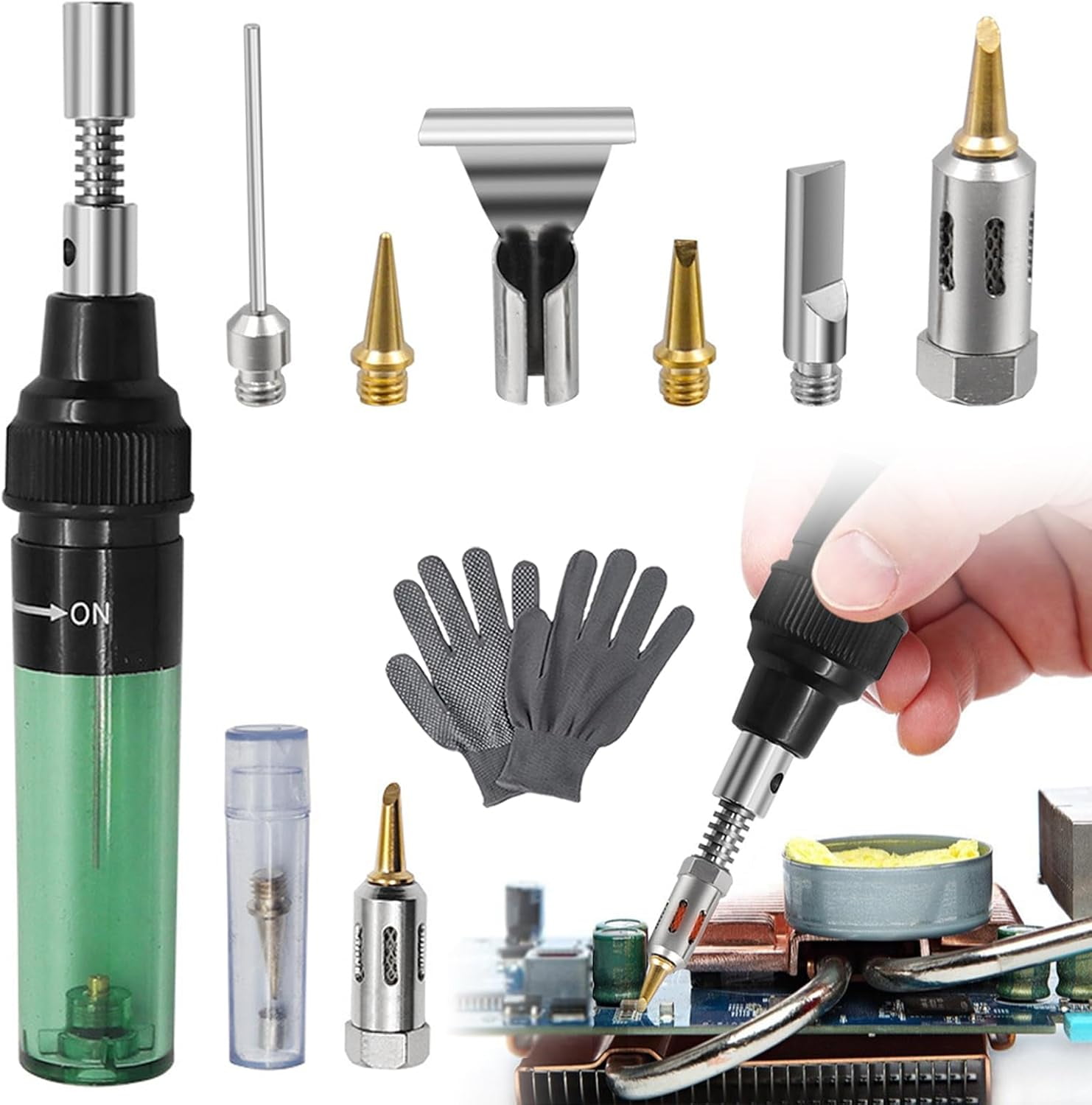 4 in 1 Portable Soldering Iron Kit, Cordless Adjustable Butane Gas Soldering Iron Kit, Mini Refillable Flame Tool with Safety Lock & Fast Heating Lightweight, for Electronics Repair (Set B)