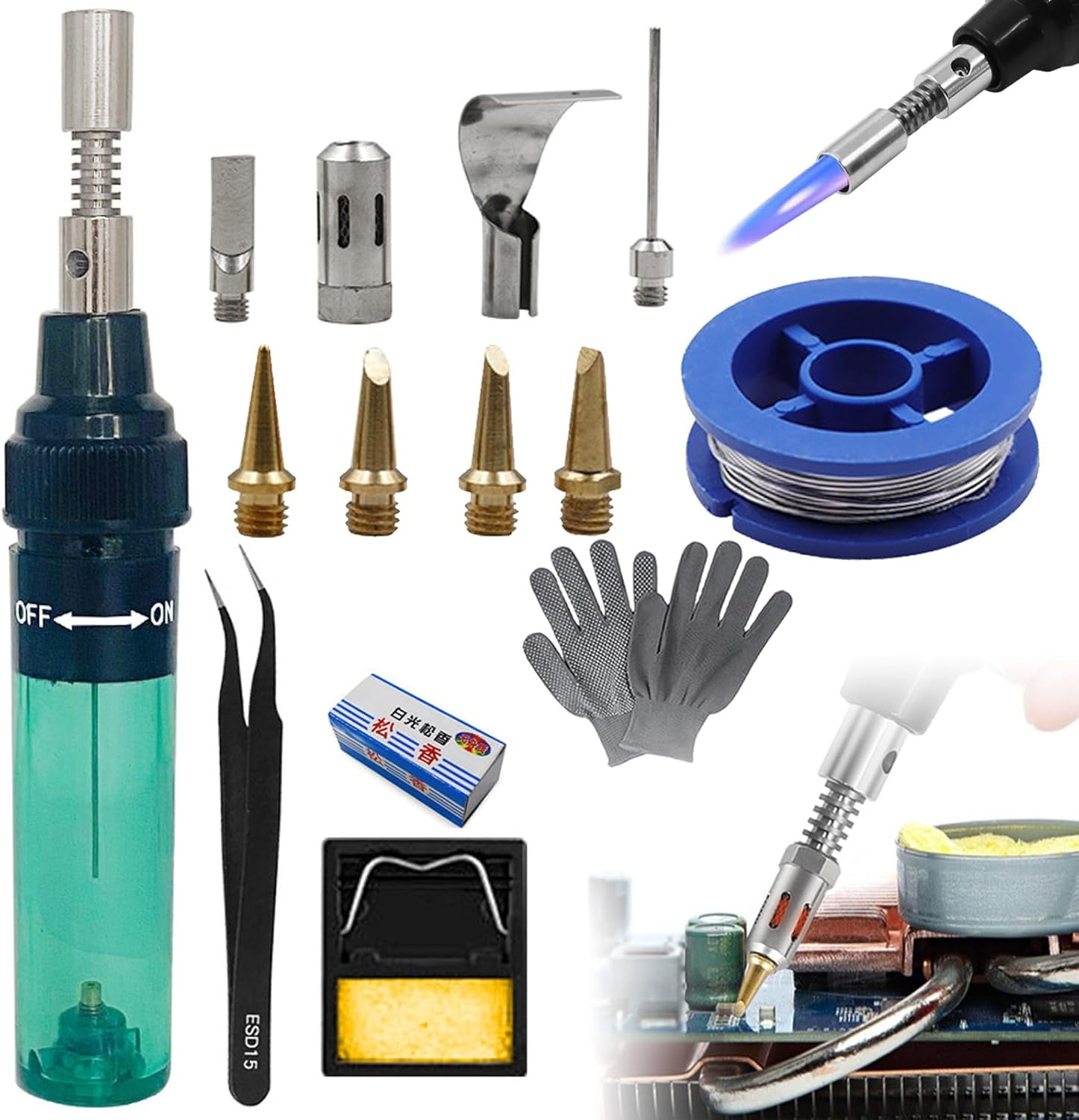 4 in 1 Portable Soldering Iron Kit, Cordless Adjustable Butane Gas Soldering Iron Kit, Mini Refillable Flame Tool with Safety Lock & Fast Heating Lightweight, for Electronics Repair (Set C)