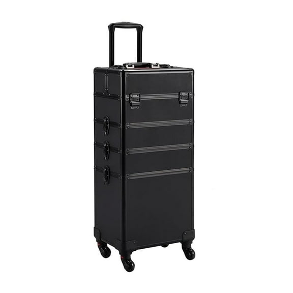4 in 1 Professional Makeup Train Case Aluminum Cosmetic Case Rolling Makeup Case Extra Large Trolley Makeup Travel Organizer, with 360° Swivel Wheels, Black