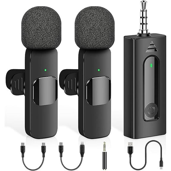 4 in 1 Professional Wireless Lavalier Microphone - 2 Pack Mini Microphone for iPhone Android Camera, Noise Reduction Lapel Mic Ultra Low Delay for Video Recording, YouTube, Interview, Tiktok and Vlog