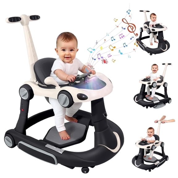 4 in 1 Push Baby Walker (Walker/Jumper/Rocking/Trolley Mode), Foldable Music Toddler Walker W/ 3 Height Adjustable for Infant 6-18 Months,Black