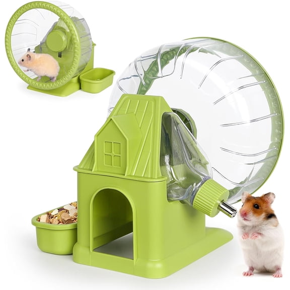4 in 1 Quiet Hamster Exercise Wheel, Multi Functional Hamster House with Running Wheel, Water Bottle, Food Bowl and Hideout, Small Animals Exercise Running Toys for Hamsters Gerbils Mice, Green