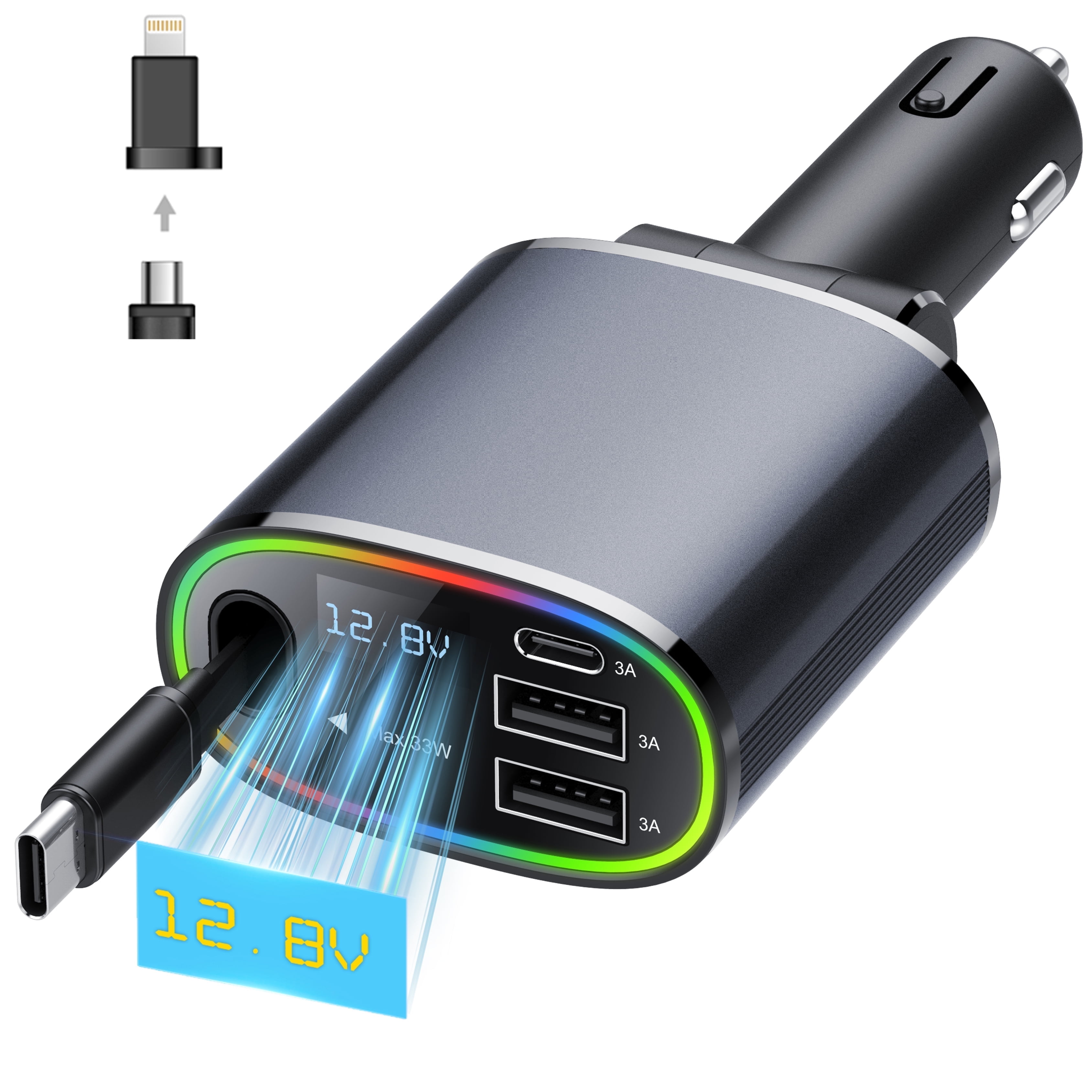 Walmart daily deals:  4 in 1 Retractable Car Charger 180° Adjustable 78W Fast Charger for Car with iPhone and Type C Cable and 3 Charging Ports Car Charge with Cables(2.6ft) for iPhone iPad Airpod Galaxy