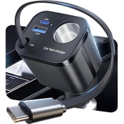 4 IN 1 Retractable Car Charger, [60% Smaller] 145W USB C Cigarette Lighter Adapter, Socket Splitter with Retractable Cable&USB-C/A Port, 12V/24V Fast Charging Car Phone Charger