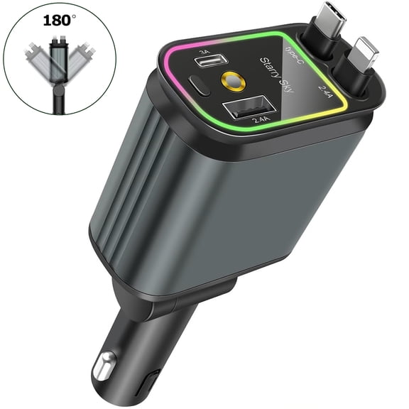 Kisportee 4 in 1 Retractable Car Charger with RGB Light, 66W USB-C Fast Car Charger, Car Phone Charger, Compatible with iPhone,Galaxy,Pixel, Car Accessories for Women Men