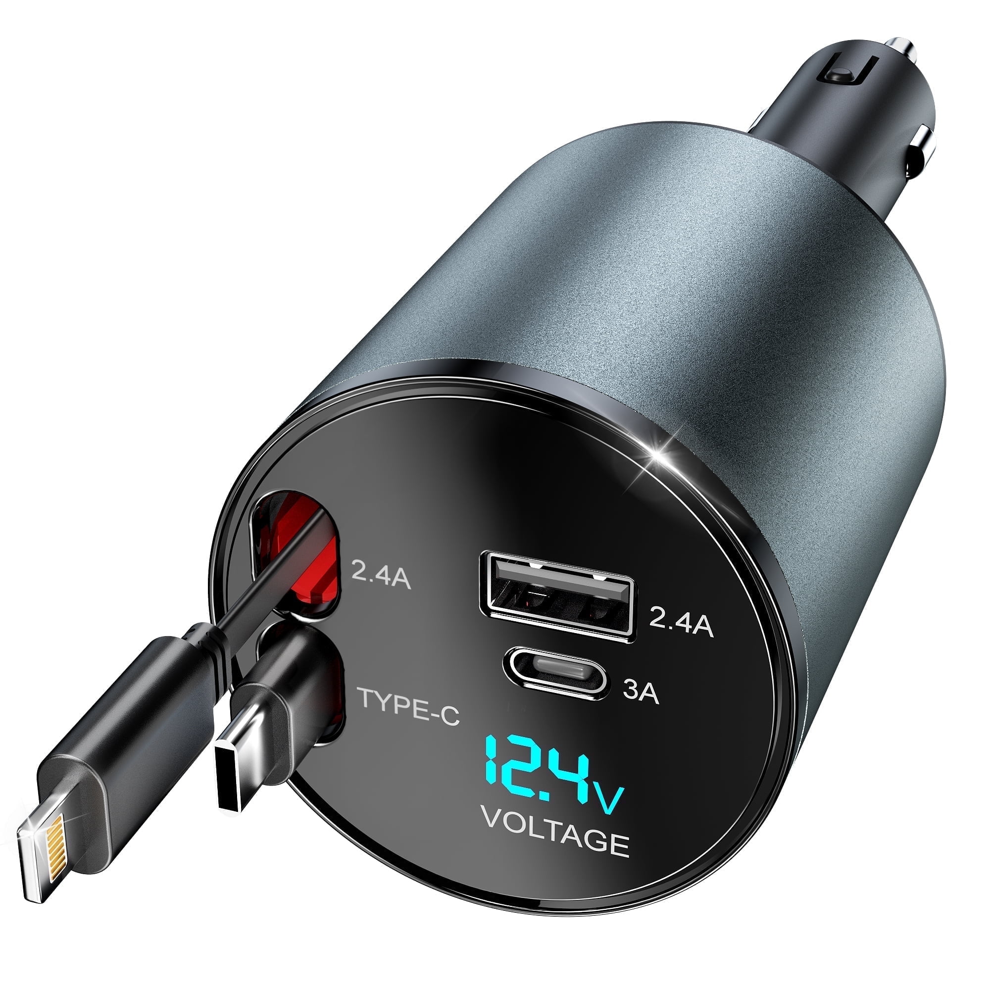 Retractable Car Charger 66W 4-in-1 With 2.6ft Cables - USB-C, USB-A, Lightning, Voltage Display, For IPhone 15/14 Etc.