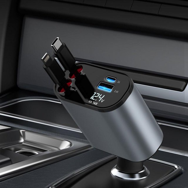 4 in 1 Retractable Car Charger, Cute Car Accessories, USB C Fast