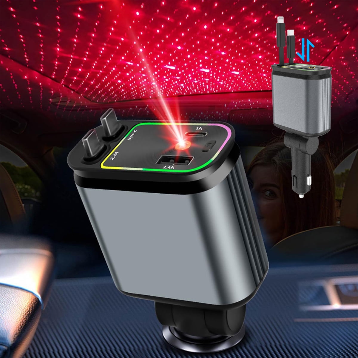 4 in 1 Retractable Car Charger with Projection Star Light, Car Accessories, 2 Fast Charging cables&Dual Charge Port Compatible with iPhone/iPad/AirPods, Samsung Series, Electronic Retract